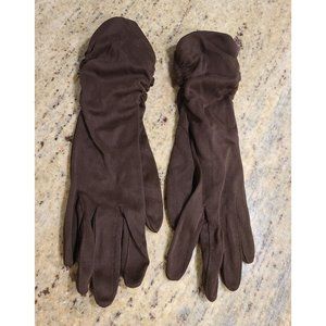Vintage Size L Brown Ruched Nylon 12" Formal Gloves Leather Spun